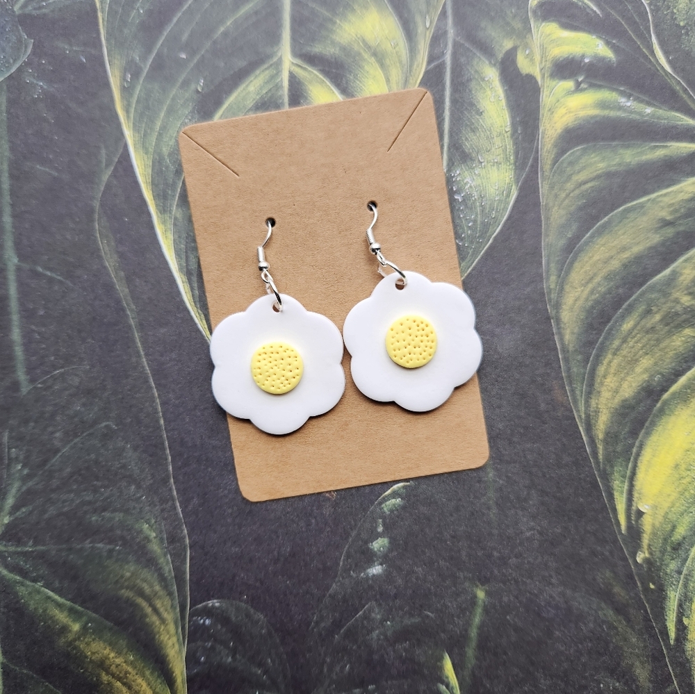 White and Yellow Daisy Clay Earrings